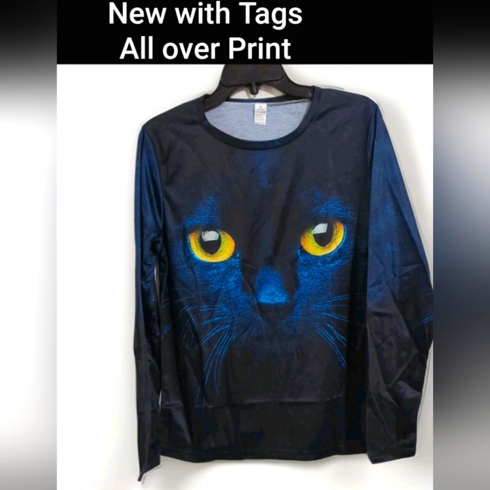 Black Cat Top WITH MYSTERIOUS GOLD EYES ALL OVER PRINT Crewneck Medium NWT